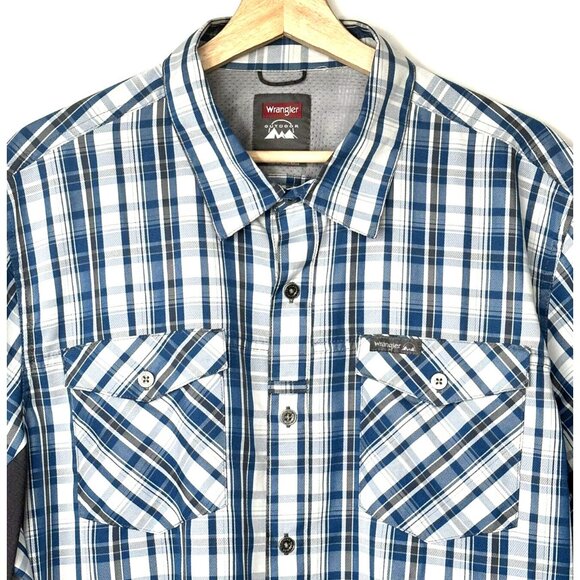 Wrangler Mens Shirt Outdoor Series Short Sleeve Vented Regular Fit Blue Plaid XL - Picture 3 of 11